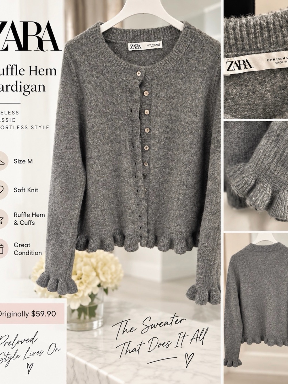 ZARA Gray Ruffle-Hem Button Cardigan